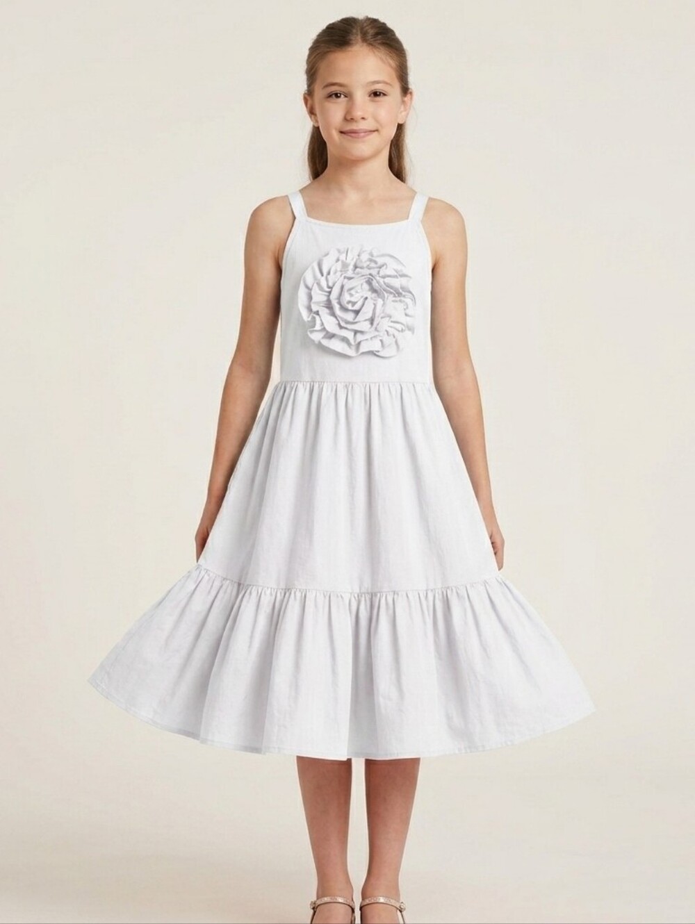 Kiwi Cotton Sundress - Lined White Ruffled Midi Dress Rosette Ruffled Imported